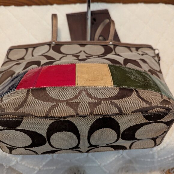 COACH Khaki Signature Legacy Rainbow Stripe Gold Leather Shoulder Tote F15588 - Picture 9 of 12